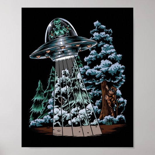 Bigfoot Hiding van Alien in een ufo achter een boo Poster (Voorkant)
