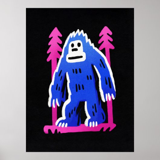 Bigfoot In Bos Roze Blauwe Poster Muur Kunstprint (Voorkant)