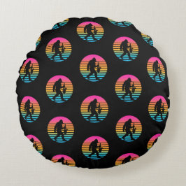Bigfoot Jazz Saxofoon Retro Zonsondergang Design Rond Kussen