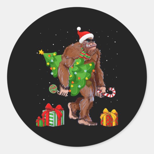 Bigfoot kerstboom verlicht Funny Xmas Sas Ronde Sticker (Voorkant)