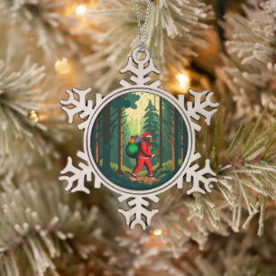 Bigfoot Kerstman Zak met Geschenken Tin Sneeuwvlok Ornament
