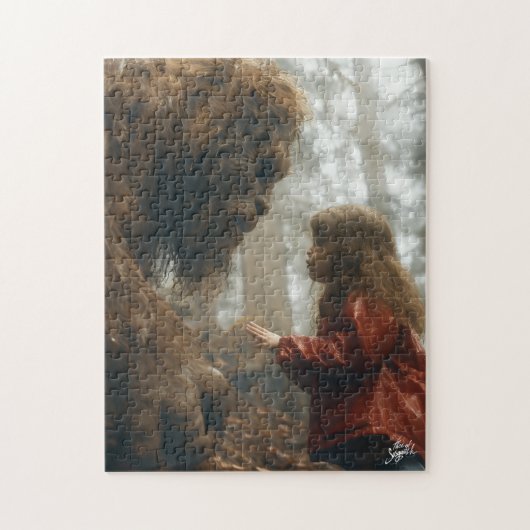 Bigfoot Kneeling Down Luisteren naar een kinderpuz Legpuzzel (Verticaal)