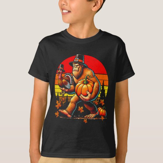 Bigfoot Lgrim Turkey Pumpkin Thanksgiving Day Boys T-shirt (Voorkant)