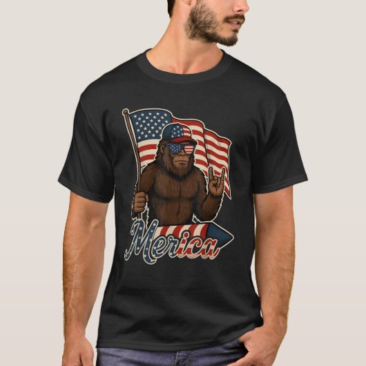 Bigfoot Merica Rock Patriottische Amerikaanse Vlag T-shirt (Voorkant)