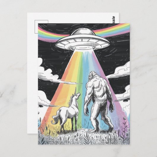 Bigfoot met eenhoorn en een ufo briefkaart (Voorkant / Achterkant)