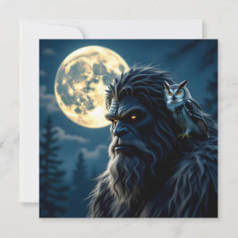 Bigfoot met gloeiende ogen en uil op zijn schouder