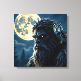 Bigfoot met gloeiende ogen en uil op zijn schouder canvas afdruk