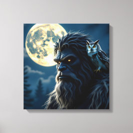 Bigfoot met gloeiende ogen en uil op zijn schouder canvas afdruk