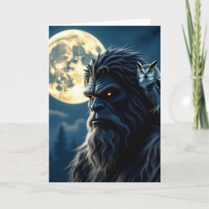 Bigfoot met gloeiende ogen en uil op zijn schouder kaart