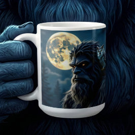 Bigfoot met gloeiende ogen en uil op zijn schouder koffiemok