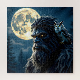Bigfoot met gloeiende ogen en uil op zijn schouder legpuzzel
