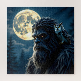 Bigfoot met gloeiende ogen en uil op zijn schouder legpuzzel