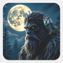 Bigfoot met gloeiende ogen en uil op zijn schouder vierkante sticker