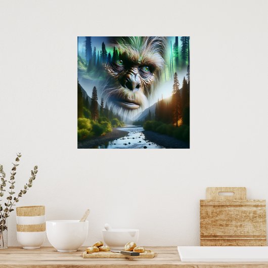 Bigfoot, Mountains, River and Forest Poster (Keuken)