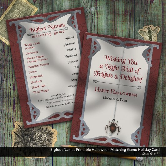 Bigfoot Namen Afdrukbare Halloween Matching Game Feestdagenkaart
