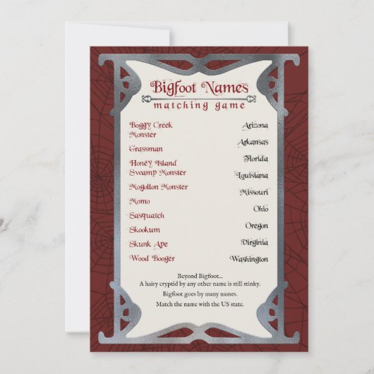 Bigfoot Namen Afdrukbare Halloween Matching Game Feestdagenkaart (Voorkant)