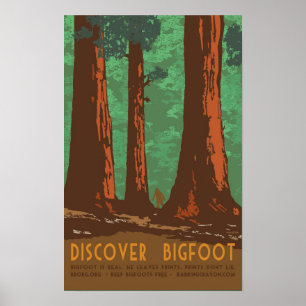 Bigfoot ontdekken in Redwood Forrest Poster