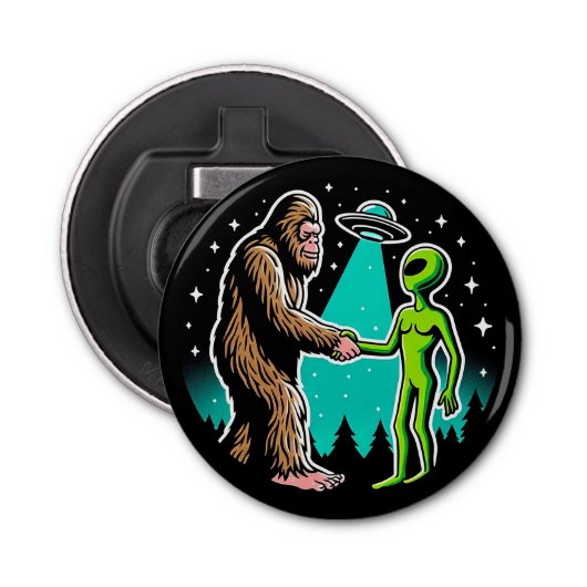 Bigfoot ontmoet buitenaards wezen button flesopener (Voorkant)
