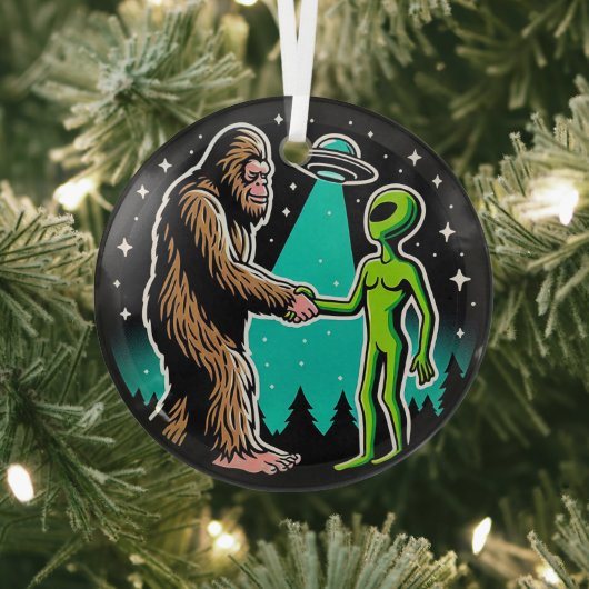 Bigfoot ontmoet buitenaards wezen glas ornament (Insitu)