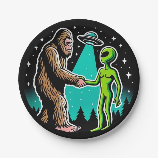 Bigfoot ontmoet buitenaards wezen papieren bordje (Voorkant)