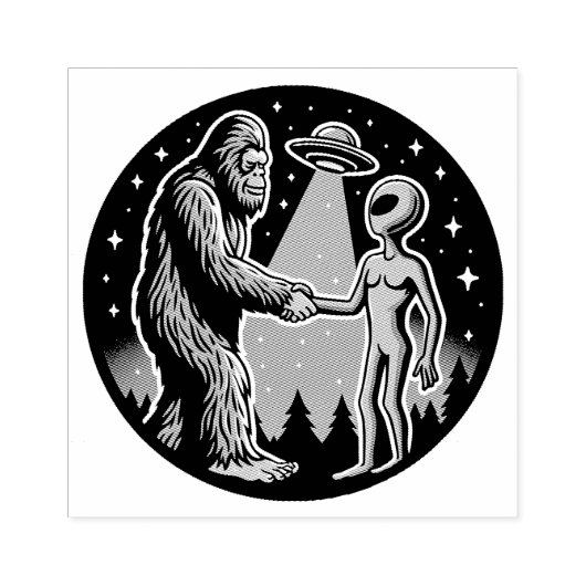 Bigfoot ontmoet buitenaards wezen rubberstempel (Afrduk)