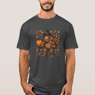 Bigfoot Pelgrim Thanksgiving Kalkoen Pompoen T-shirt