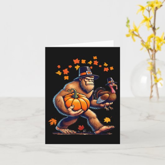 Bigfoot Pilgrim Pet Turkije Dag Pompoen Thanksgivi Kaart (Gele Bloem)