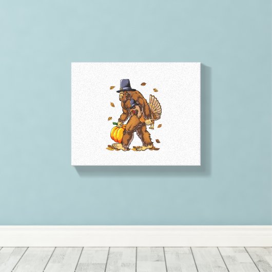 Bigfoot Pilgrim Turkey Pumpkin Thanksgiving Day Bo Canvas Afdruk (Insitu (Houten vloer))