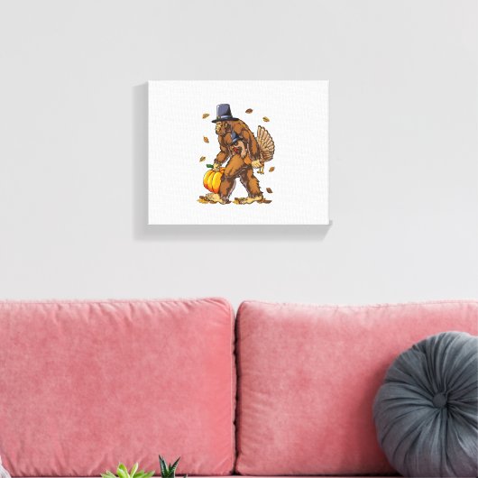 Bigfoot Pilgrim Turkey Pumpkin Thanksgiving Day Bo Canvas Afdruk (Insitu (Woonkamer))