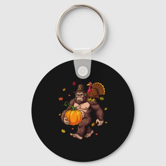 Bigfoot Pilgrim Turkey Pumpkin Thanksgiving Day Bo Sleutelhanger (Voorkant)