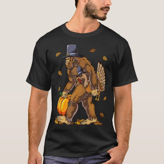 Bigfoot Pilgrim Turkey Pumpkin Thanksgiving Day T-shirt (Voorkant)