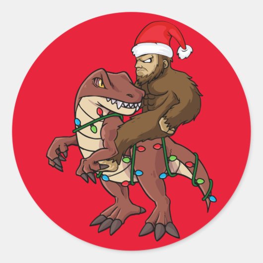 Bigfoot Riding Dinosaur Kerstlantaarns Ronde Sticker (Voorkant)