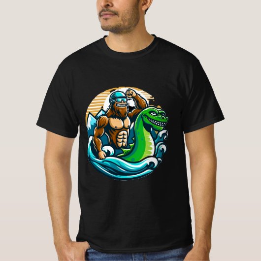 Bigfoot Riding Nessie T-shirt (Voorkant)