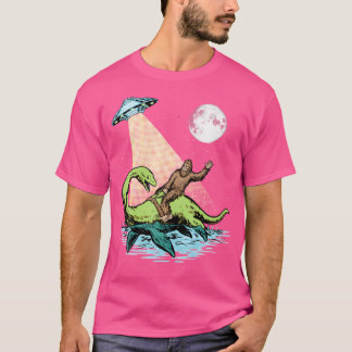 Bigfoot Riding Nessie UFO Aliens At Night Funny R T-shirt