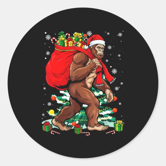 Bigfoot Santa Carrying Christmas Bag Xmas Hat Sasq Ronde Sticker (Voorkant)