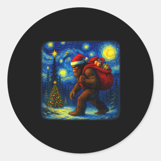 Bigfoot Santa Christmas Starry Night Sasquatch Van Ronde Sticker (Voorkant)