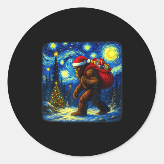 Bigfoot Santa Christmas Starry Night Sasquatch Van Ronde Sticker (Voorkant)