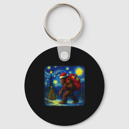 Bigfoot Santa Christmas Starry Night Sasquatch Van Sleutelhanger (Voorkant)