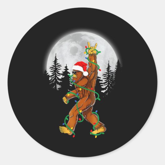 Bigfoot Santa Christmas Tree Lights Funny Xmas Sas Ronde Sticker (Voorkant)