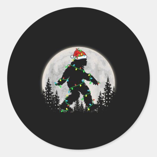 Bigfoot Santa Christmas Tree Lights Funny Xmas Sas Ronde Sticker (Voorkant)