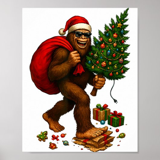 Bigfoot Santa Christmas Tree Lights Xmas Boys Men  Poster (Voorkant)