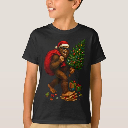 Bigfoot Santa Christmas Tree Lights Xmas Boys Men  T-shirt (Voorkant)