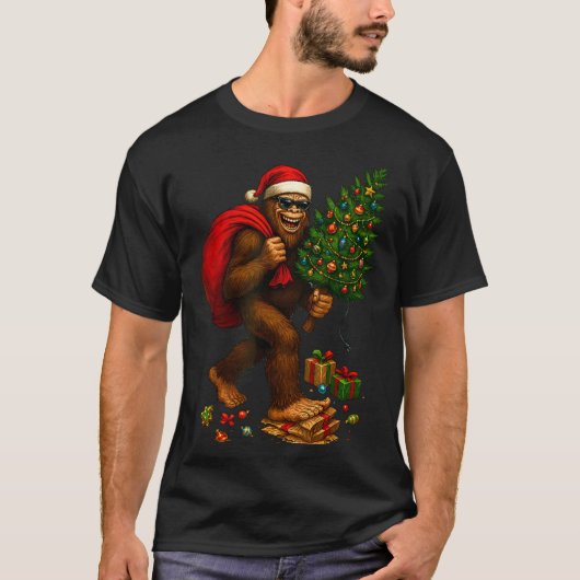 Bigfoot Santa Christmas Tree Lights Xmas Boys Men T-shirt (Voorkant)