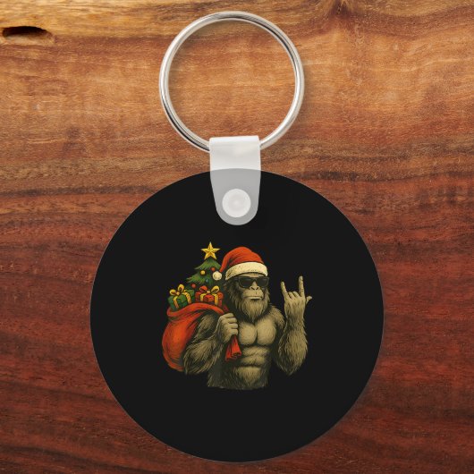 Bigfoot Santa Christmas Tree Rock On Funny Xmas Sa Sleutelhanger (Voorkant)