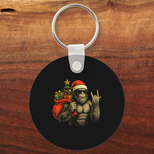 Bigfoot Santa Christmas Tree Rock On Funny Xmas Sa Sleutelhanger (Voorkant)