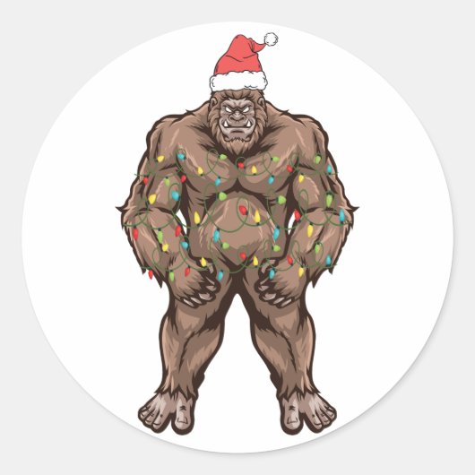 Bigfoot Santa kerstboomverlichting Ronde Sticker (Voorkant)