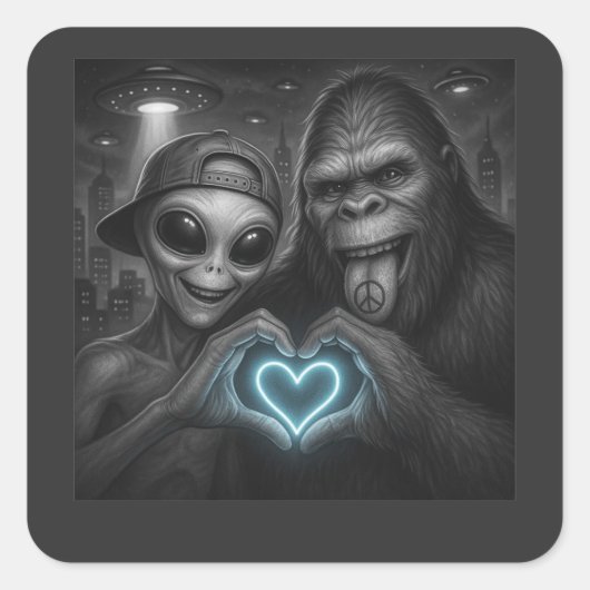 Bigfoot Sasquatch Alien Liefde Handteken Vierkante Sticker (Voorkant)