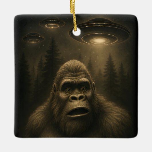 Bigfoot Sasquatch Alien UFO Grappig Keramisch Ornament (Voorkant)