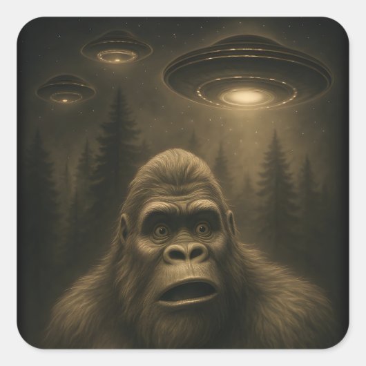 Bigfoot Sasquatch Alien UFO Grappig Vierkante Sticker (Voorkant)