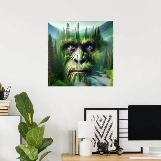 Bigfoot Sasquatch Double Exposure with Forest Poster (Thuiskantoor)